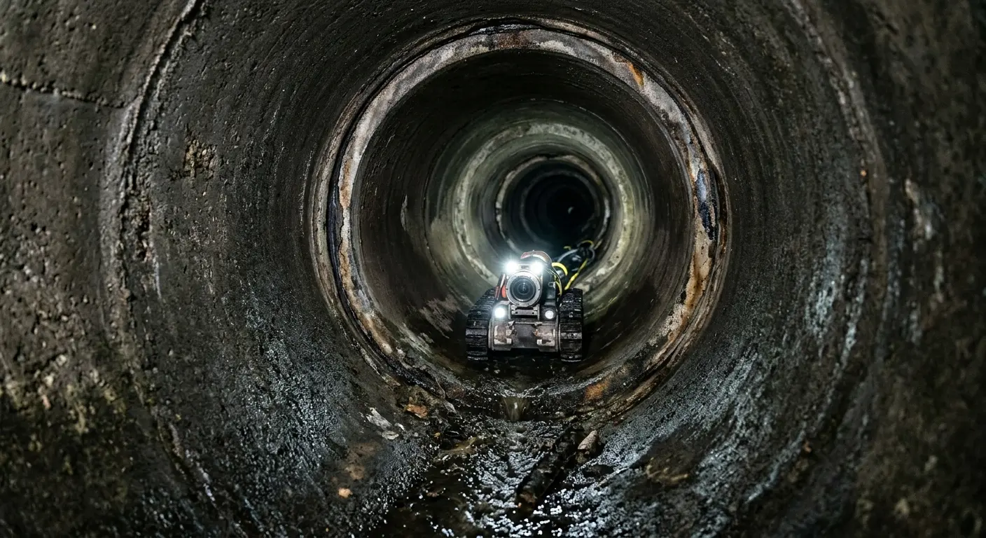 Robotic sewer camera inspecting pipe interior for Drain Snake Service in Tarrant
