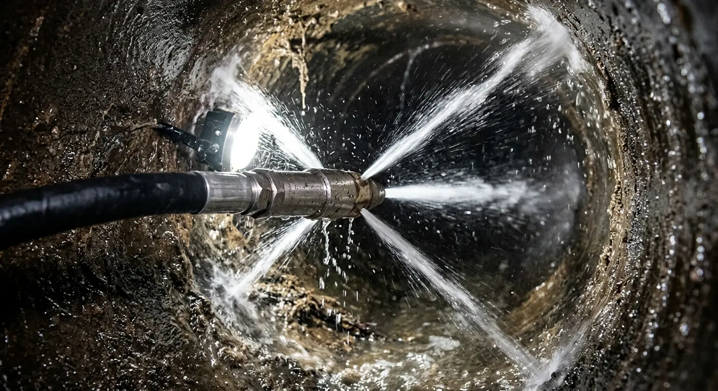 High-pressure hydro jetting nozzle cleaning sewer pipe for Sewer Cleanout in Tarrant